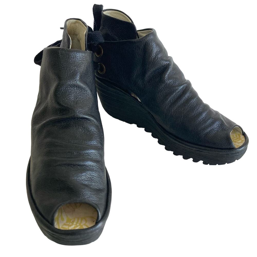 Fly London bootie sandal‎ size 8 - 8.5 black peep toe leather platform Yema goth